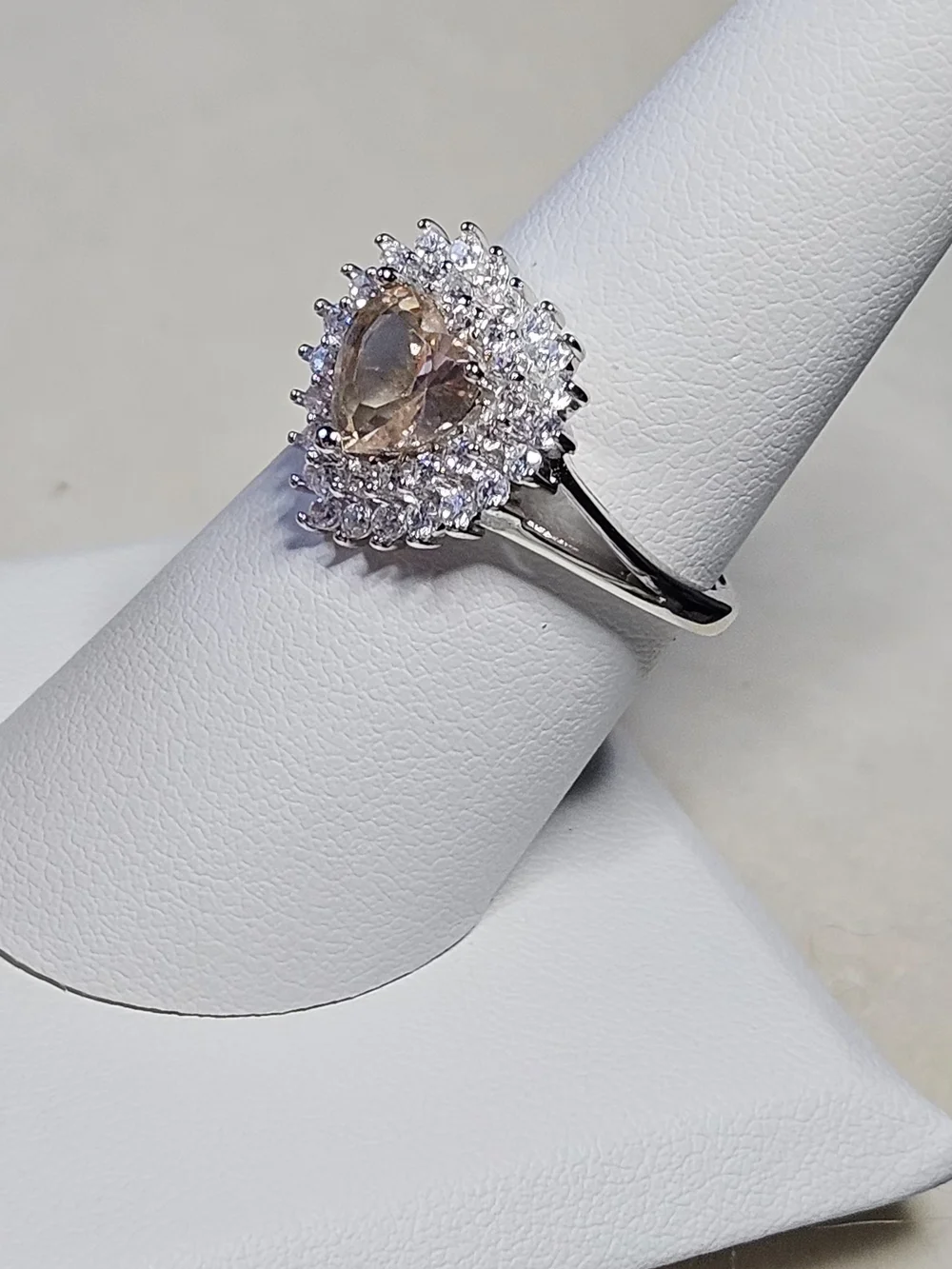 Stunning Heart Halo Ring with Champagne Center Stone - Sterling Silver